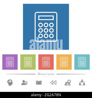 Icônes blanches plates de la calculatrice sur fond carré. 6 icônes bonus incluses. Illustration de Vecteur