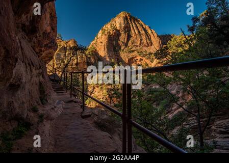 Canyon View Trail dans le parc national de Zions, Utah, États-Unis. C'est l'un des nombreux sentiers pittoresques du parc avec une vue magnifique sur le canyon profond. Banque D'Images