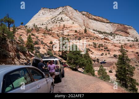 Utah, États-Unis - 16 mai 2021 : les touristes profitent de la vue depuis un retrait le long de Zion-Mt. Carmel Highway dans le parc national de Zion Banque D'Images