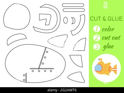 Couleur, couper et coller papier jaune sous-marin. Couper et coller la page d'activité de spécialité. Jeu éducatif pour les enfants d'âge préscolaire. Feuille de travail DIY. Jeu de logique pour enfants Illustration de Vecteur