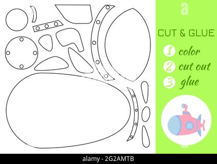 Couleur, couper et coller papier sous-marin rose. Couper et coller la page d'activité de spécialité. Jeu éducatif pour les enfants d'âge préscolaire. Feuille de travail DIY. Jeux de logique pour enfants, Illustration de Vecteur