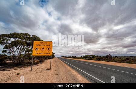 '90 Mile Straight' sur l'Eyre Highway entre Balladonia et Caiguna sur la plaine de Nullarbor en Australie occidentale Banque D'Images