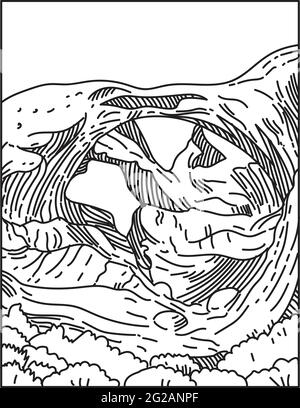 Illustration monoligne de Double Arch situé dans le parc national d'Arches dans le sud du Grand Comté, Utah, États-Unis d'Amérique fait en noir rétro et Illustration de Vecteur