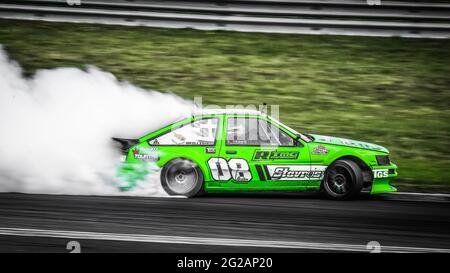 Oschersleben, Allemagne, 31 août 2019 : Stavros Grilis pilotant la Toyota Corolla AE86 lors de la série internationale Drift Kings en Allemagne Banque D'Images