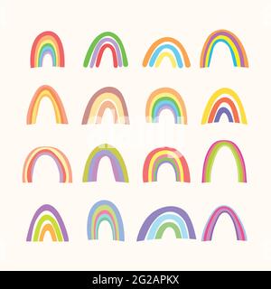 Arcs-en-ciel colorés et isolés tendance dessinés à la main. Design pour invitation, poster, carte, tissu. Jolie illustration abstraite de vacances arc-en-ciel pour bébé Illustration de Vecteur