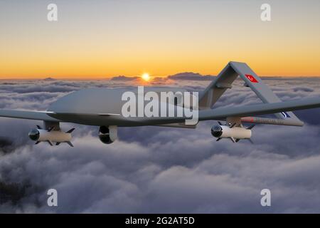 Bayraktar TB2 - véhicule aérien turc de combat sans pilote (UCAV), classe MASCULINE (moyenne altitude longue endurance) fabriqué par Baykar Makina. Banque D'Images