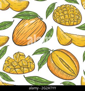 Motif sans couture avec mangue, vecteur. Arrière-plan continu avec fruits exotiques tropicaux. Mangue entière et moitiés, feuilles. Motif naturel et sain f Illustration de Vecteur