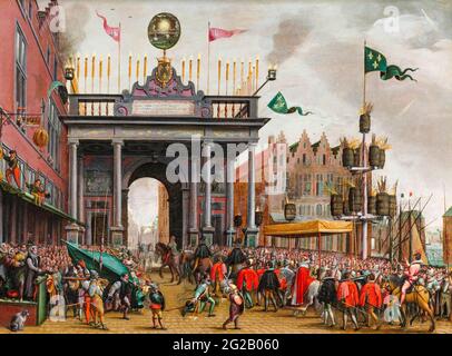 Entrée de François, duc d'Anjou (1555-1584) dans Anvers sous l'arche du Triumphal au pont de Saint-Jan le 19 février 1582, peinture par Monobrammist MHVH, 1582-1600 Banque D'Images