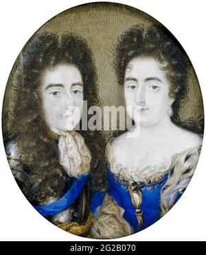 William et Marie : William III (1650-1702) Prince d'Orange et Roi d'Angleterre (1689-1702) avec son épouse Maria Stuart (1662-1694) Reine Marie II d'Angleterre (1689-1694), portrait miniature de Peter Hoadly, 1700-1750 Banque D'Images