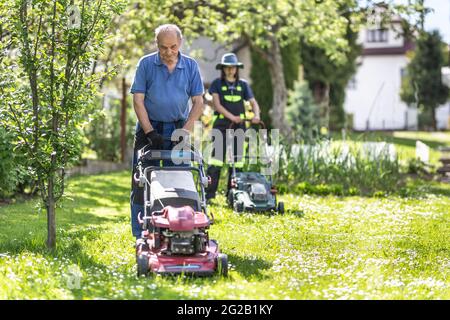 Grand-père âgé enseignant à sa petite-fille comment utiliser la tondeuse et couper l'herbe. Ils travaillent dans le jardin rustique du village. Banque D'Images