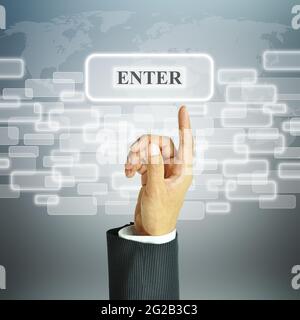 Homme d'affaires pointant vers le signe entrée. Banque D'Images