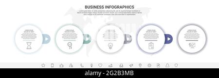 Infographies vectorielles avec cinq cercles. Concept moderne 5 icônes avec flèches pour l'application, le site Web, l'interface, le graphique, les niveaux, web, diagramme, bannière Illustration de Vecteur