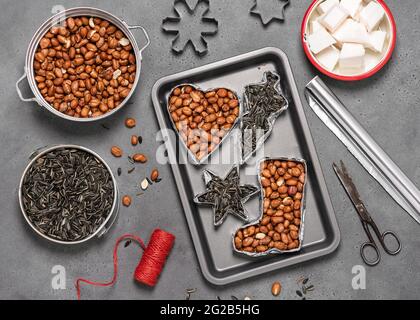 Fabrication de biscuits de graines d'oiseaux. Tous les emporte-pièces remplis de graines d'arachides et de tournesol. Concept d'éducation des enfants. Aider les gens aux animaux. Vue de dessus Banque D'Images