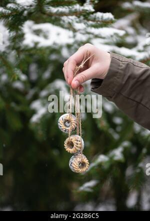 Jeune fille tenant des petits gâteaux faits maison de cacahuètes, mangeoire à oiseaux pour pendre dans le jardin. Aider les gens à la notion d'animaux. Banque D'Images