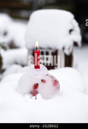 Sculpture sur glace extérieure en hiver avec hanche rose surgelée et bougie rouge dans la neige. Concept de décoration de jardin. Banque D'Images