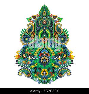 Motif cachemire indien vintage coloré, motif de mandala façon aquarelle dessiné à la main, élément de design isolé sur fond blanc. Banque D'Images