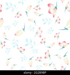 Motif sans couture avec fleurs, bourgeons, feuilles roses, brindilles décoratives sur blanc isolé . Illustration aquarelle, faite à la main. Banque D'Images