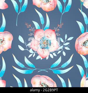 Motif sans couture avec fleurs, bourgeons, feuilles roses, brindilles décoratives sur blanc isolé . Illustration aquarelle, faite à la main. Banque D'Images