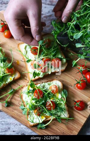 Toasts avec des microverts. La main contient un pain grillé sain. Un homme mange un pain grillé avec des micro-verts. Concept d'alimentation saine. Super cuisine. Banque D'Images