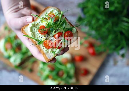 Toasts avec des microverts. La main contient un pain grillé sain. Un homme mange un pain grillé avec des micro-verts. Concept d'alimentation saine. Super cuisine. Banque D'Images