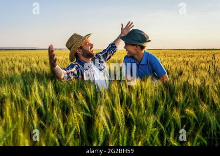 Le père et le fils sont debout dans leur champ de blé en pleine croissance. Père enseigne à son successeur l'agriculture. Banque D'Images