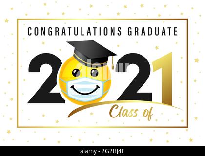 Félicitations Graduate Class of 2021, icône sourire dans le cap académique. Illustration vectorielle logo noir et or congrats cérémonie avec sourire dans le chapeau Illustration de Vecteur