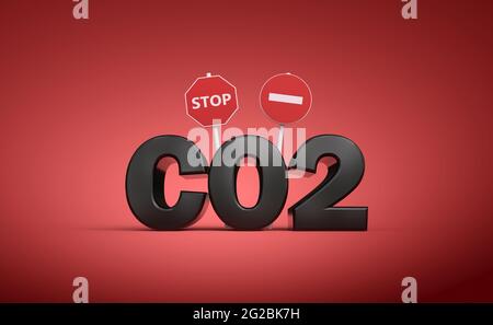 Texte CO2 avec signes d'arrêt et d'interdiction - rendu 3D Banque D'Images