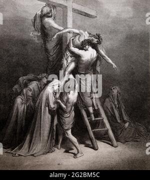 Histoire de la Bible Illustration de 'la descente de la Croix' qui fait descendre le Christ de la Croix après Crucifixion (Matthieu 27;57-58) par Gustave Dore 13th S. Banque D'Images