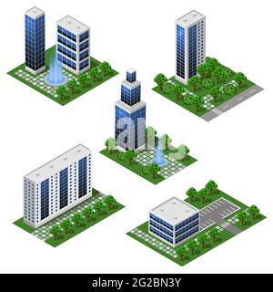 Bâtiments modernes de la ville. Ensemble isométrique de modules isolés de style plat. Grandes maisons et immeubles de bureaux, rue et parc extérieur. Pour les villes urbaines Banque D'Images