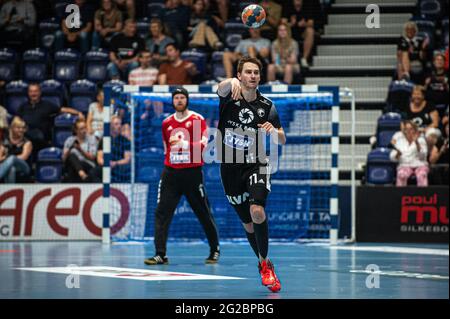 Silkeborg, Danemark. 08 juin 2021. Sebastian Skube (11) de Bjerringbro-Silkeborg vu dans le match danois HTH Herreligiaen entre Bjerringbro-Silkeborg et Aalborg Handball à JYSK Arena à Silkeborg. (Crédit photo: Gonzales photo - Morten Kjaer). Banque D'Images