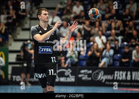Silkeborg, Danemark. 08 juin 2021. Sebastian Skube (11) de Bjerringbro-Silkeborg vu dans le match danois HTH Herreligiaen entre Bjerringbro-Silkeborg et Aalborg Handball à JYSK Arena à Silkeborg. (Crédit photo: Gonzales photo - Morten Kjaer). Banque D'Images