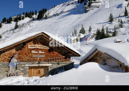 FRANCE. HAUTE-SAVOIE (74) VALLÉE DE L'ABONDANCE. VILLAGE DE CHATEL (LINGA PRÉ-LA-JOUX DANS LE DOMAINE SKIABLE DES PORTES DU SOLEIL). PLAINE DRANSE HAMEAU CHEZ DENIS - L. Banque D'Images