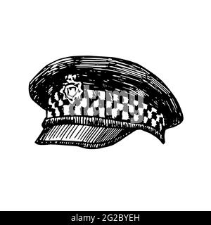 Illustration de dessin d'encre de style héliogravure de chapeau de police britannique isolée sur blanc Banque D'Images