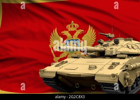 Char lourd avec conception fictive sur fond de drapeau du Monténégro - concept moderne des forces armées de chars, militaire 3D Illustration Banque D'Images