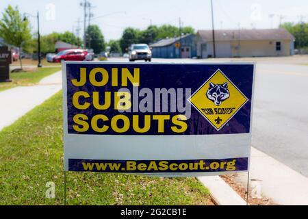 ELKIN, NC, USA-5 JUIN 2021: Un panneau de rue temporaire, 'Rejoignez les scouts de Cub', avec le logo. Image horizontale. Banque D'Images