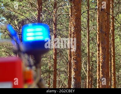 09 juin 2021, Brandebourg, Wünsdorf: La lumière bleue d'un incendie moteur est vue lors d'un incendie dans une forêt de pins près de Wünsdorf. Avec la hausse des températures, le danger des incendies de forêt a augmenté dans le Brandebourg. Photo: Patrick Pleul/dpa-Zentralbild/ZB Banque D'Images