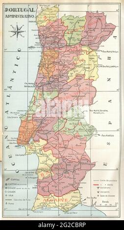 Carte du Portugal, carte du Portugal, carte du vieux Portugal, carte du Portugal rétro, carte du Portugal ancien,Ancienne carte du Portugal, imprimé du Portugal, affiche du Portugal Banque D'Images