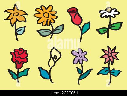 Ensemble de dessin animé vectoriel illustration de différentes variétés de fleurs isolées sur fond jaune. Illustration de Vecteur