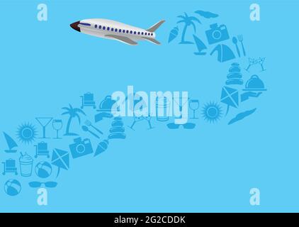 Illustration vectorielle d'un avion volant laissant un sentier de vacances d'été icônes isolées sur fond bleu. Illustration de Vecteur