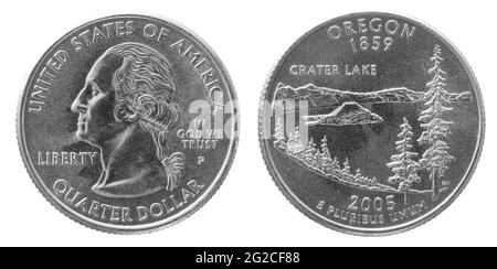 Obverse et inverse de 2005 quart de dollar cupronickel US coin isolé sur fond blanc Banque D'Images