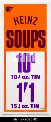 Étiquettes d'affichage des prix publicitaires des années 1970 - soupes Heinz Banque D'Images