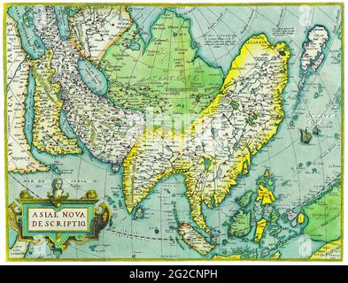 Ancienne carte de l'Asie, carte de l'Asie rétro, carte de l'Asie antique, carte de l'Asie antique, cartes anciennes du monde, carte rétro de l'Asie, Abraham Ortelius, 1570 Banque D'Images