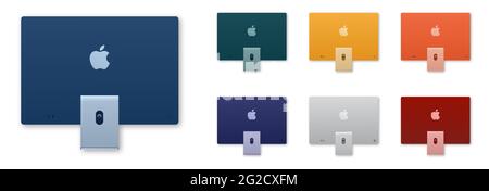 Vinnytsia, Ukraine - June 10, 2021: Set of iMac 2021 desktop. Back view. Apple computer. Vector illustration isolated on white Illustration de Vecteur