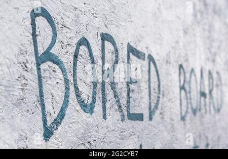 Haddington, East Lothian, Royaume-Uni. 10 juin 2021. UK UN mot ÔBoredÕ peint sur un panneau peint en bois blanc. À Haddington, Lothian est. Écosse. Crédit : phil wilkinson/Alay Live News Banque D'Images