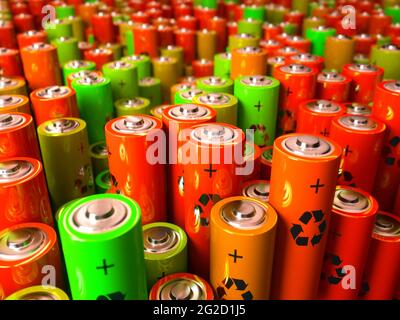 Illustration 3D, concept de recyclage de batterie, énergie renouvelable. Banque D'Images