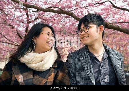 Couple souriant sous fleur de cerisier Banque D'Images