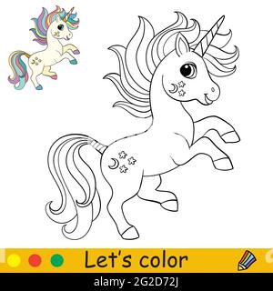 licorne de saut à la fois mignonne et drôle. Page de livre de coloriage avec modèle coloré pour les enfants. Illustration vectorielle isolée. Pour livre de coloriage, impression, ga Illustration de Vecteur