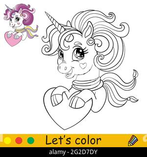 Dessin animé licorne mignon avec un foulard tient un coeur dans sa page de livre de coloriage à capuche avec modèle coloré pour les enfants. Illustration vectorielle isolée. Pour CO Illustration de Vecteur