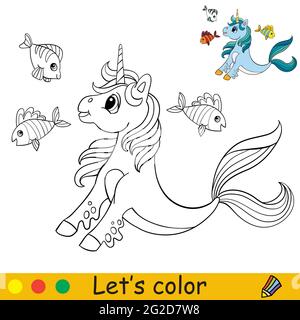 Dessin animé mer licorne mignon avec des poissons. Page de livre de coloriage avec modèle coloré pour les enfants. Illustration vectorielle isolée. Pour le livre de coloriage, l'impression, le jeu Illustration de Vecteur