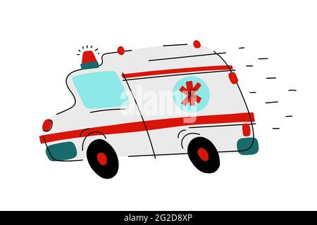 Ambulance blanche avec panneaux rouges. Véhicule de secours médical isolé sur fond blanc. Le transport paramédical se déplace rapidement avec des lumières, la sirène. Moi Illustration de Vecteur